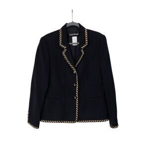 Louis Feraud Vintage Navy Blue Wool Striped Silk Trim 90s Blazer Women's Size 14